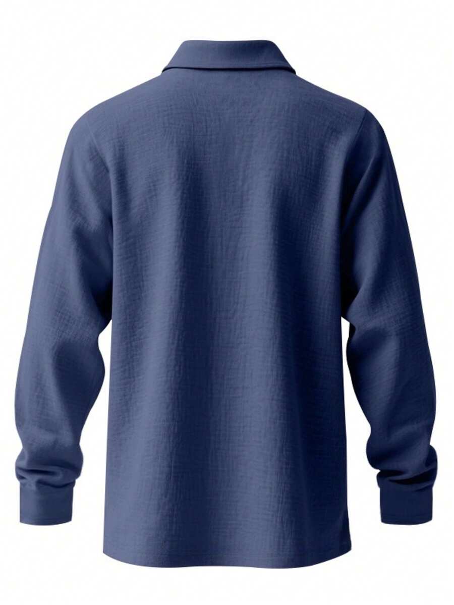Men's Lightweight Loose Fit Black Linen Long Sleeve Polo Shirt