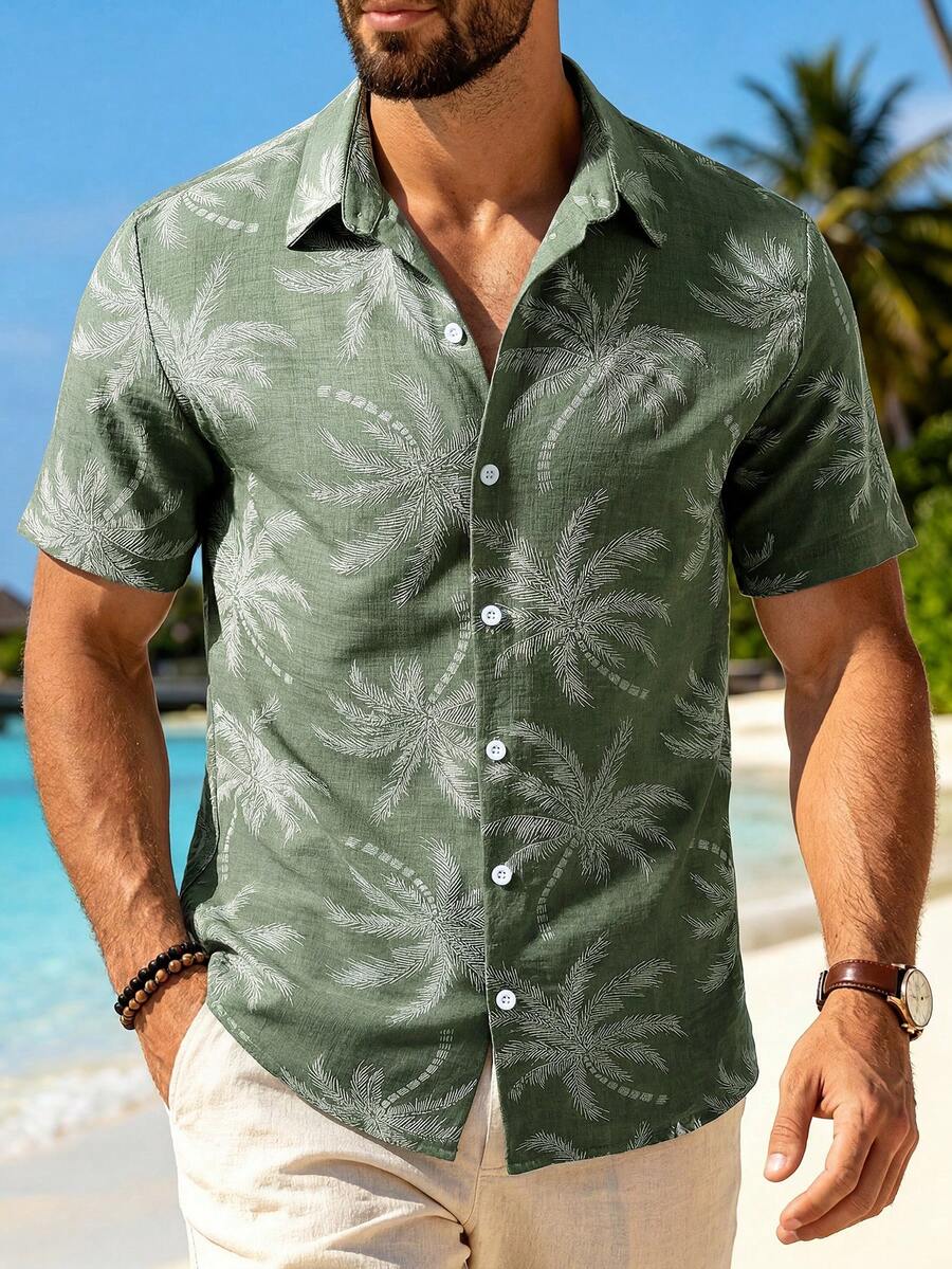 Men's Fashion Casual Vacation Style Short Sleeve Shirt With Faux Embroidery