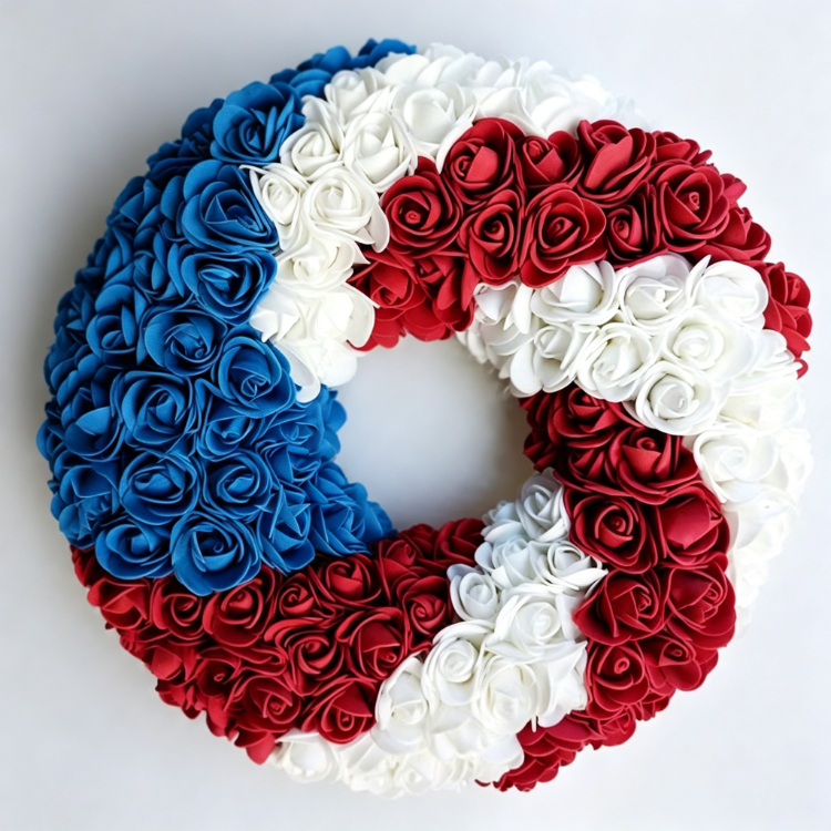 Patriotic Rose Wreath - Red White Blue Foam Flower Door Decor