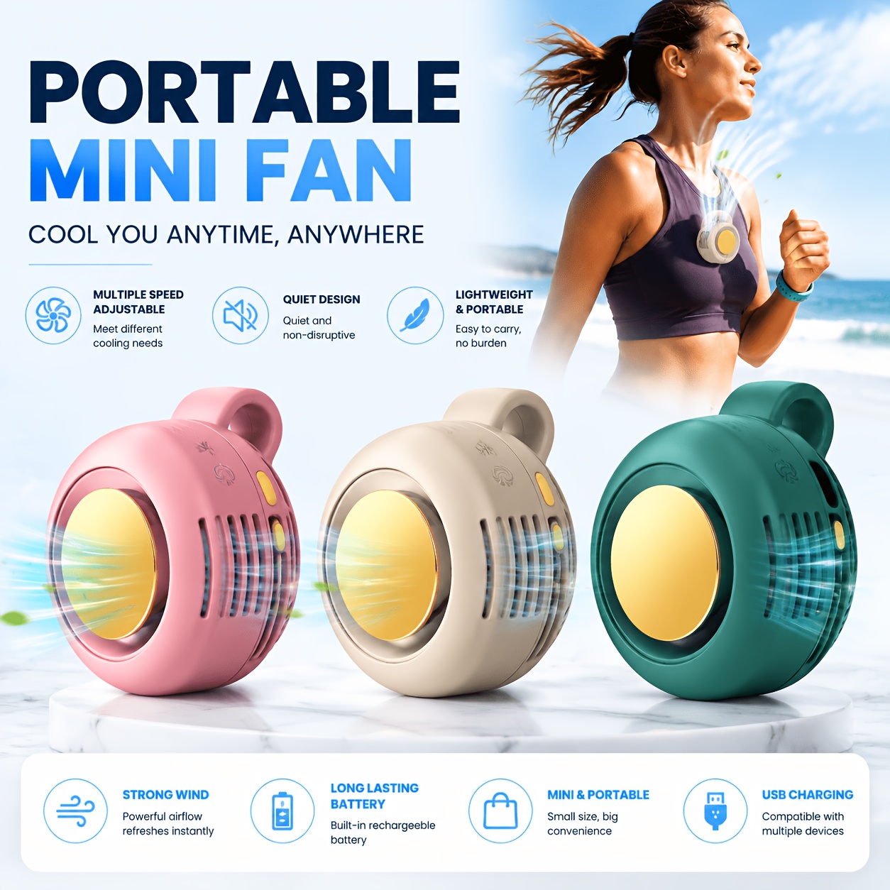 Mini Clip Fan, Portable Bladeless Personal Fan, Multi-Speed, 360 Degree Rotation, Quiet, Rechargeable, Hands-Free, Travel And Outdoor Use