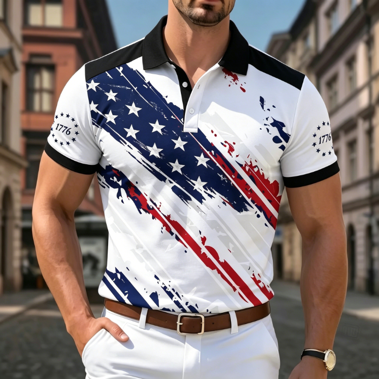 Men's Geometric Art Stars and Stripes Flag USA Printed Short Sleeve Polo Shirt