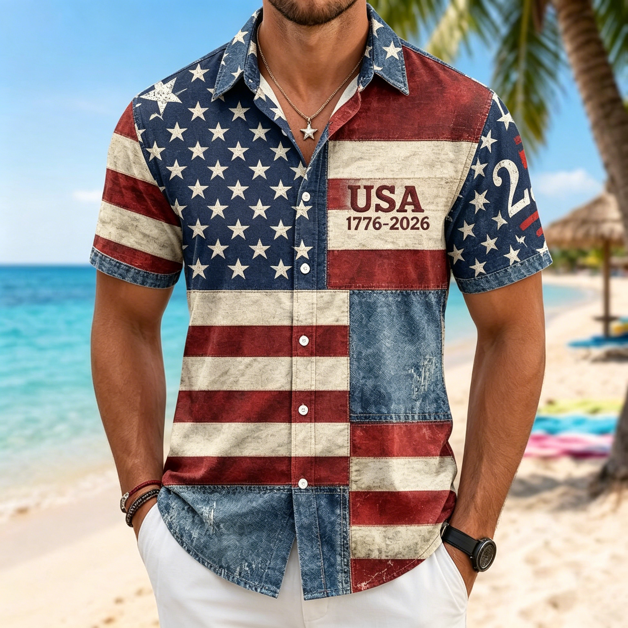 [Copy]Men's Drip Paint American Flag Artistic Button-Up Shirt | Patriotic Art Hawaii Short Sleeve