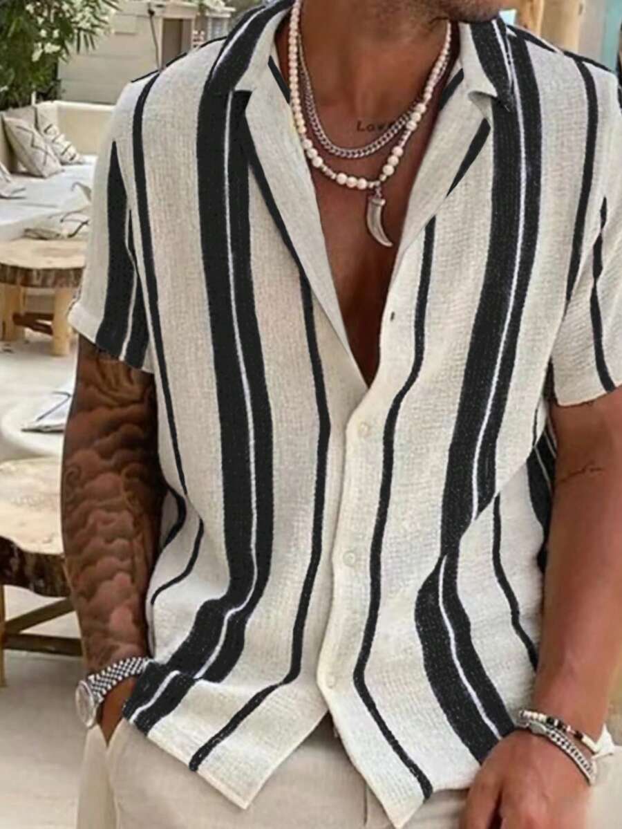 2026 Men Spring/Summer Casual Holiday Striped Button-Down Short Sleeve Shirt