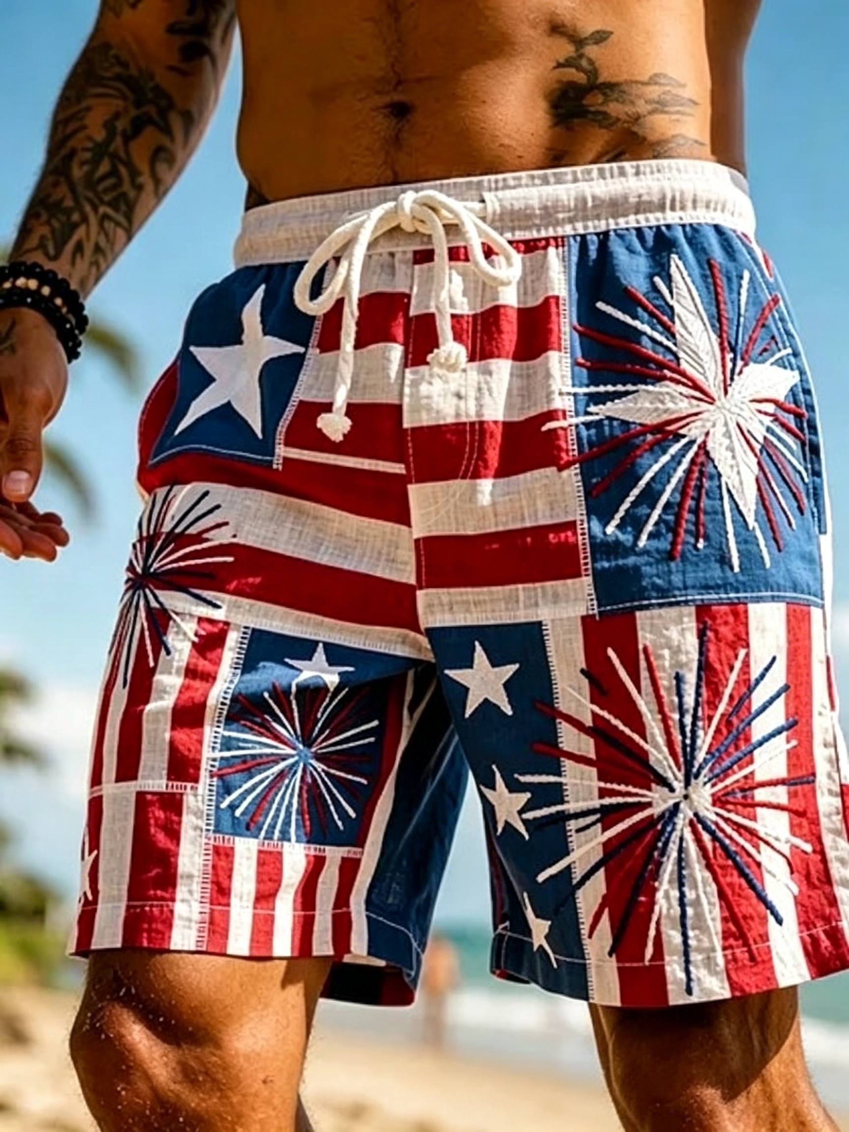 Camo American Flag Eagle Patchwork Men’s Outdoor Fishing Casual Shorts