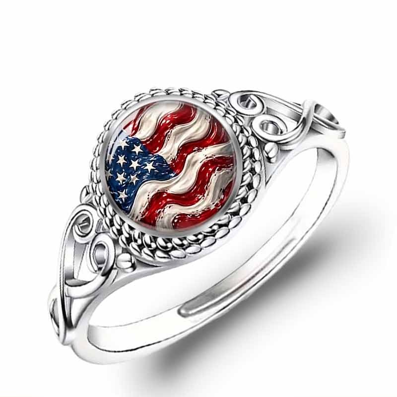 Patriotic Wavy US Flag Glass Cabochon Silver Ring