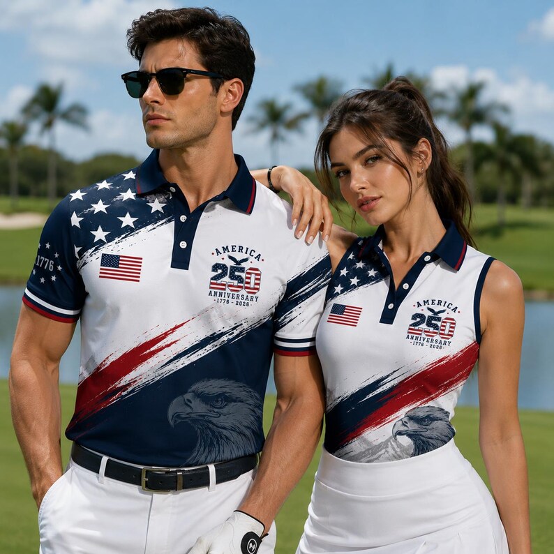 USA 250th Anniversary Couple Polo Shirt 1776-2026, Patriotic American Flag Golf, 4th of July Shirt, Gift for Dad, Veteran, Gift for Mom Dad