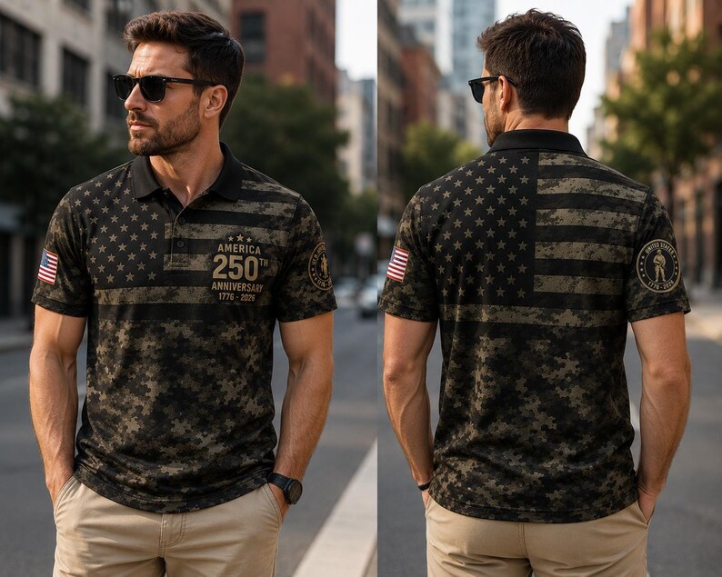 Men’s USA 250th Anniversary Polo Shirt, Camo American Flag Golf Shirt, 1776–2026 Patriotic Performance Polo, USA Military Style Casual Tee