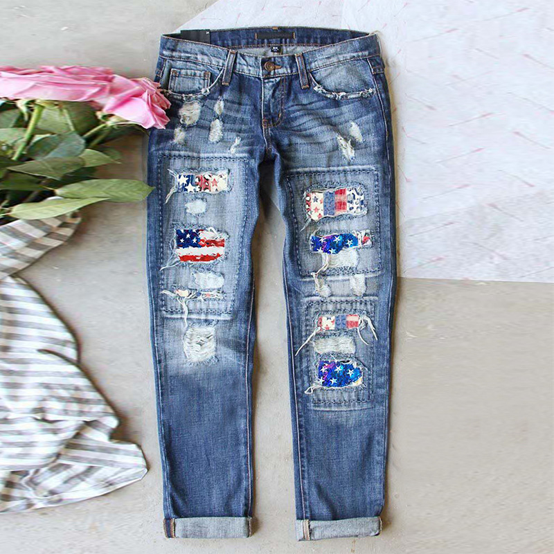 Women’s Distressed American Flag Sequin Patch Boyfriend Jeans