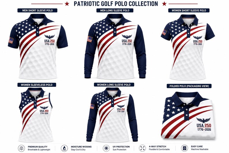 USA 250th Anniversary Patriotic Golf Polo Shirt, 1776-2026 Independence Anniversary Polo, Men Women Golf Shirt, Short Long Sleeve Sleeveless
