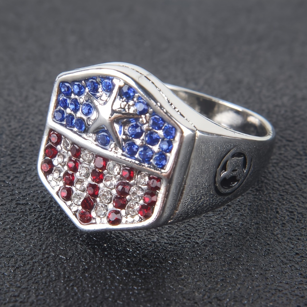 Patriotic Red White Blue Crystal Star Statement Ring for Men
