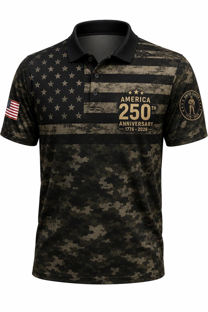 Men’s USA 250th Anniversary Polo Shirt, Camo American Flag Golf Shirt, 1776–2026 Patriotic Performance Polo, USA Military Style Casual Tee