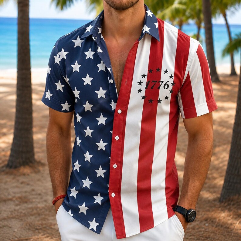 [Copy]Men's Drip Paint American Flag Artistic Button-Up Shirt | Patriotic Art Hawaii Short Sleeve