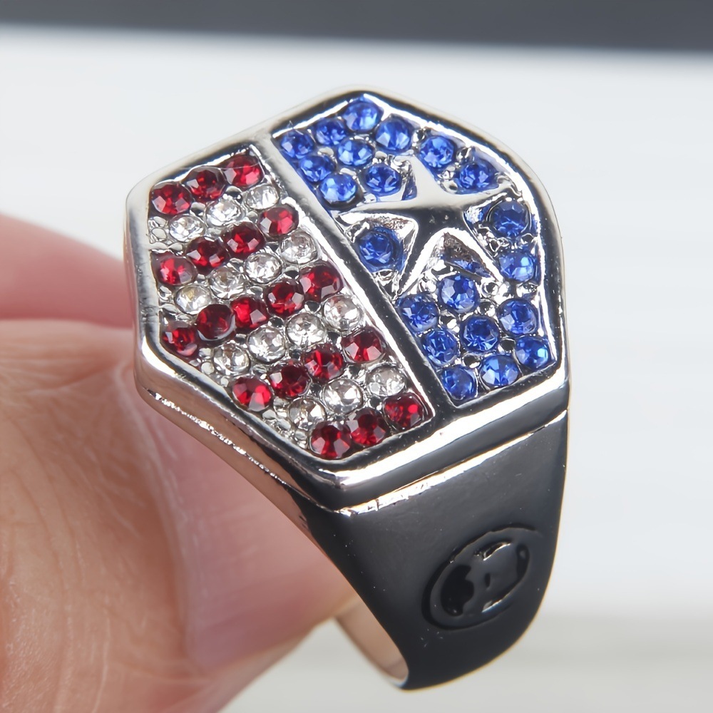 Patriotic Red White Blue Crystal Star Statement Ring for Men