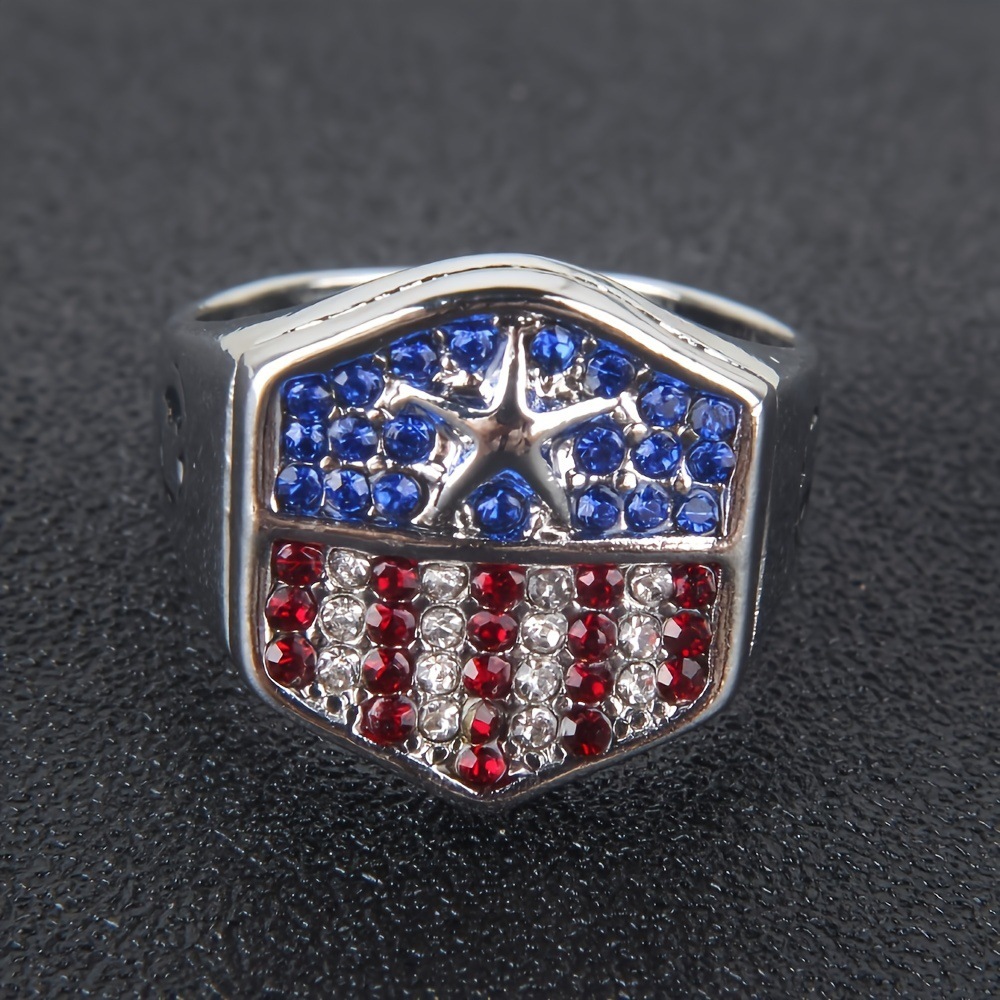 Patriotic Red White Blue Crystal Star Statement Ring for Men