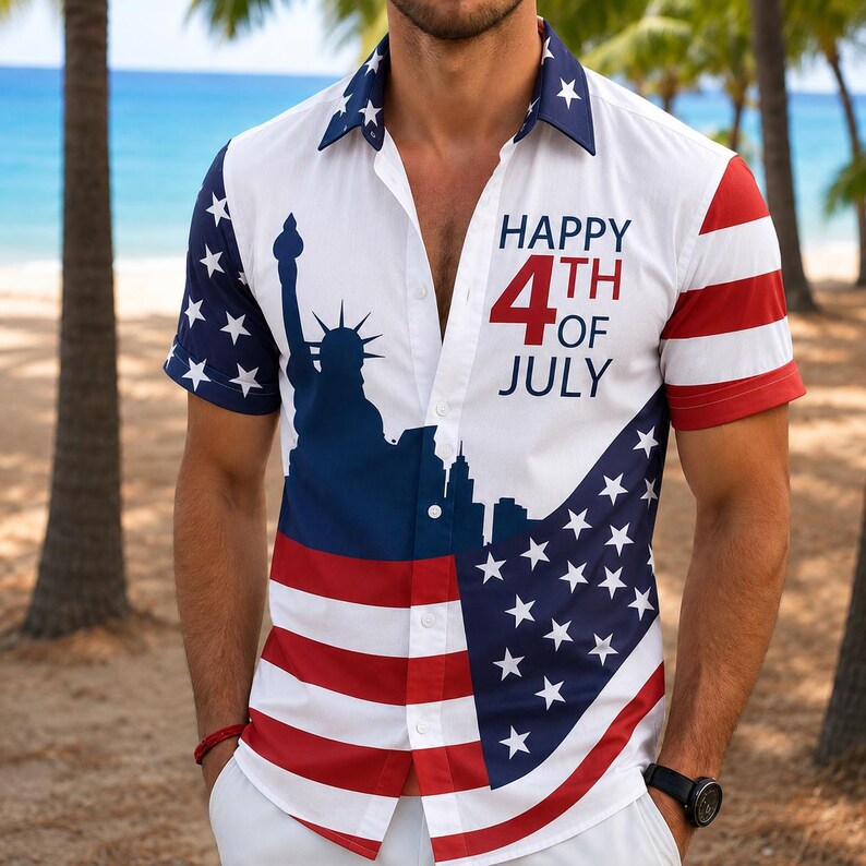 [Copy]Men's Drip Paint American Flag Artistic Button-Up Shirt | Patriotic Art Hawaii Short Sleeve