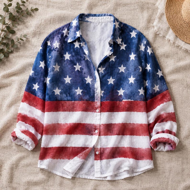 [Copy]Men's Drip Paint American Flag Artistic Button-Up Shirt | Patriotic Art Hawaii Short Sleeve