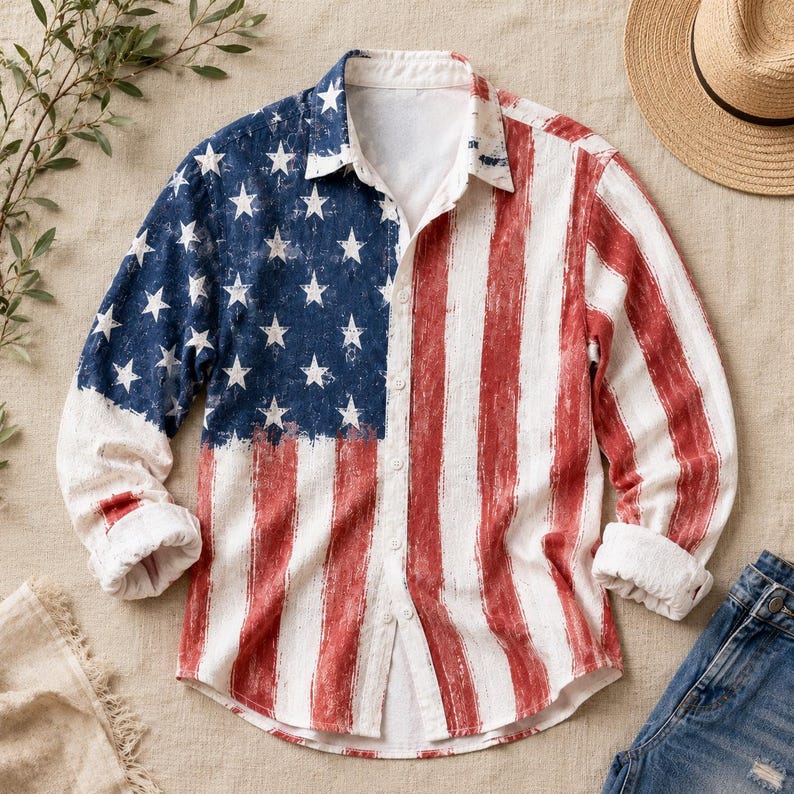 [Copy][Copy][Copy][Copy]Men's Drip Paint American Flag Artistic Button-Up Shirt | Patriotic Art Hawaii Short Sleeve