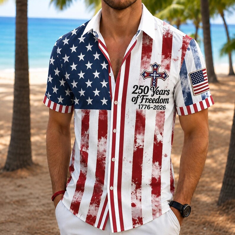 [Copy]Men's Drip Paint American Flag Artistic Button-Up Shirt | Patriotic Art Hawaii Short Sleeve