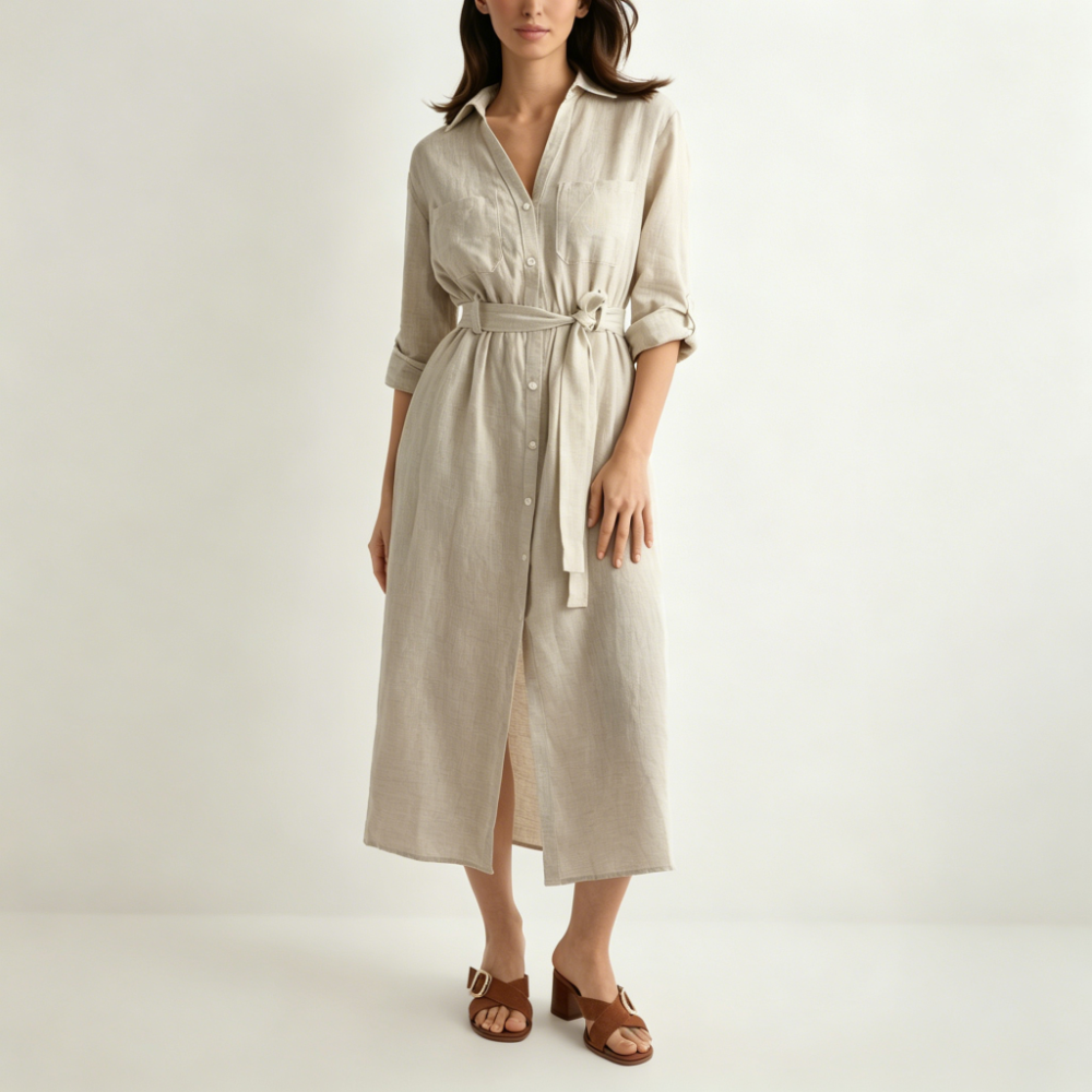 Beige linen midi dress