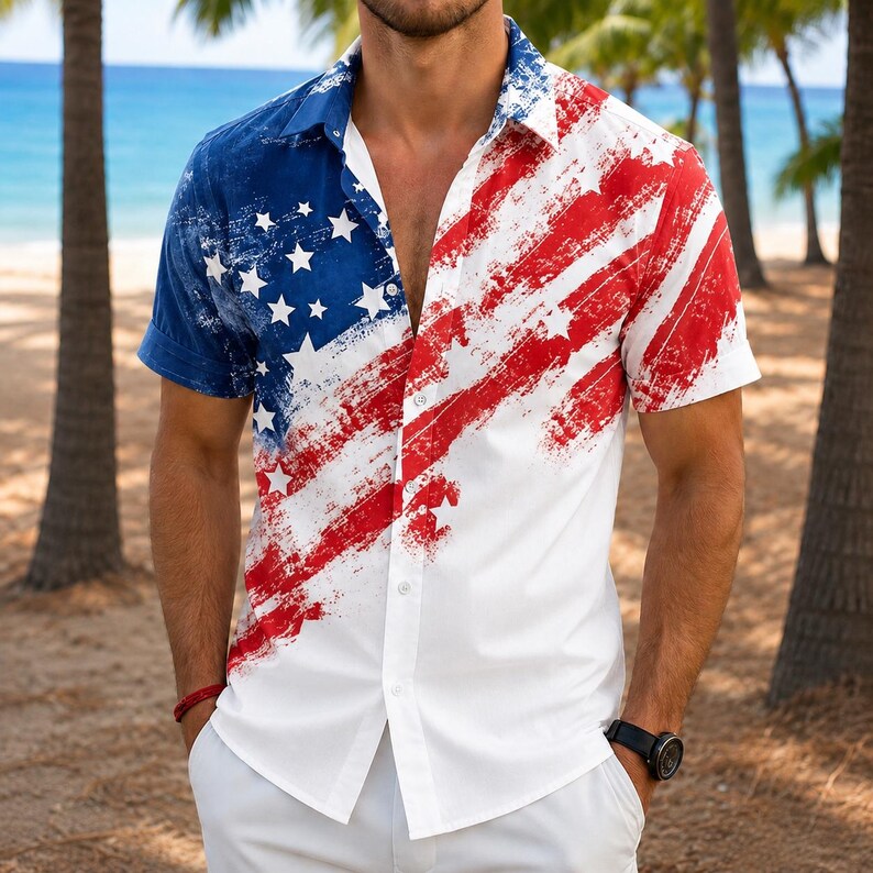 [Copy]Men's Drip Paint American Flag Artistic Button-Up Shirt | Patriotic Art Hawaii Short Sleeve