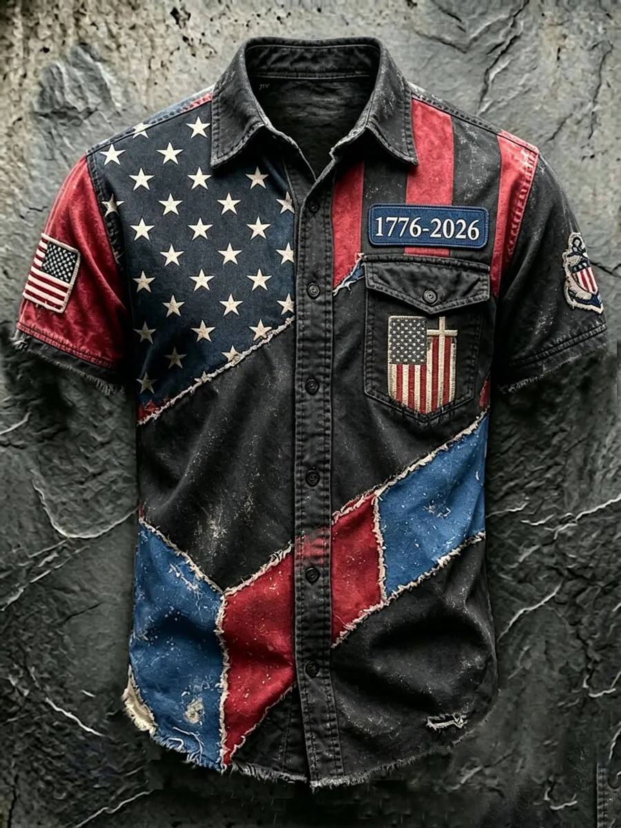 Men's USA 1776-2026 250th Anniversary Vintage Flag Patchwork Short-Sleeve Button-Down Shirt - Distressed Denim Style