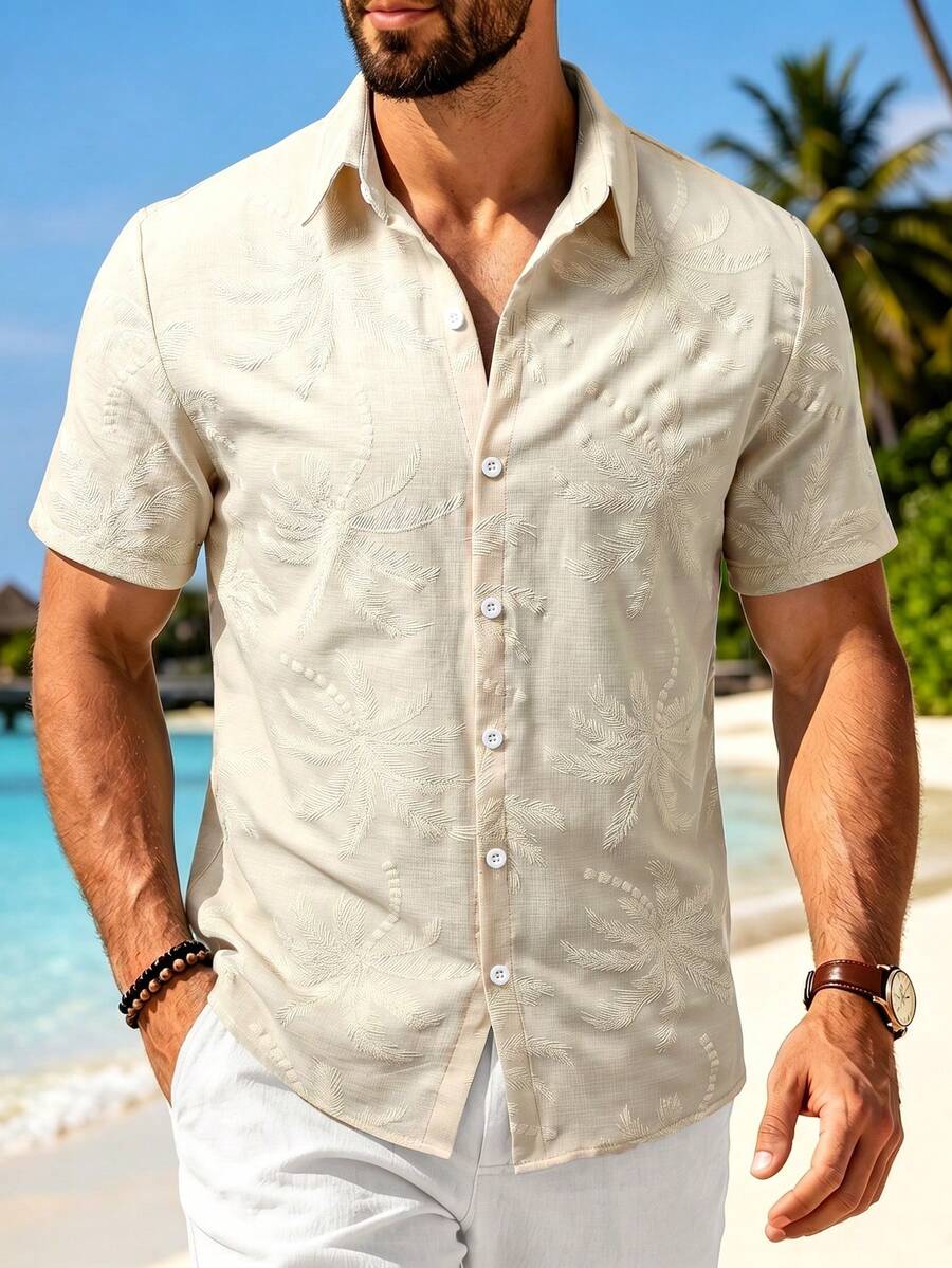 Men's Fashion Casual Vacation Style Short Sleeve Shirt With Faux Embroidery