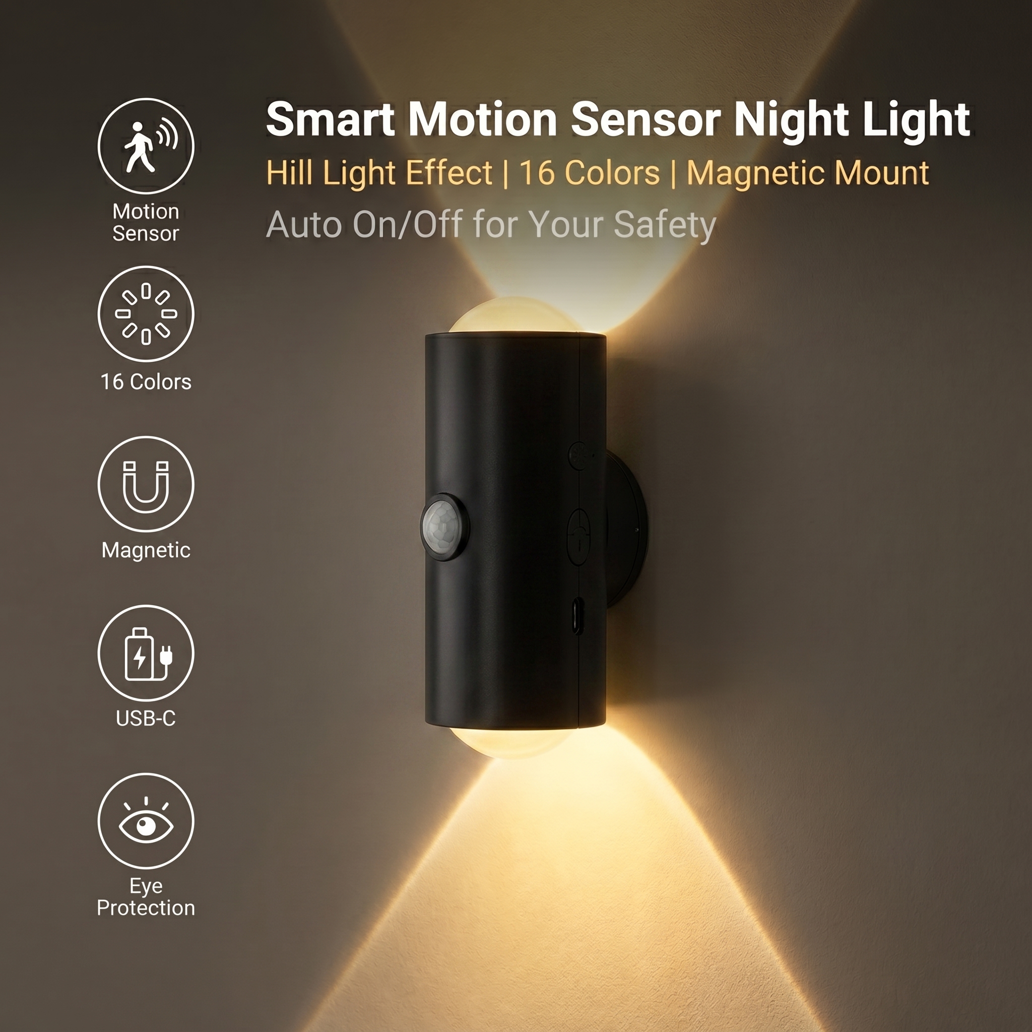 LED Motion Sensor Night Light - Smart Auto-On Cabinet Light with 16 Colors, Rechargeable Magnetic Night Light for Kids Bedroom Kitchen Hallway Stairs, Protects Baby and Family at Night