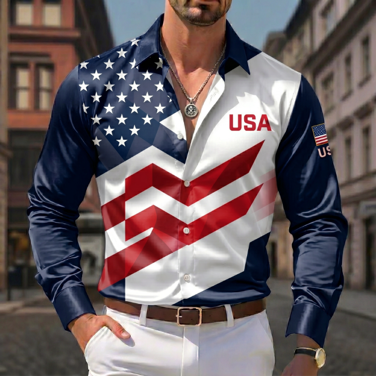 Men's Geometric Art Stars and Stripes Flag USA Printed Short Sleeve Polo Shirt