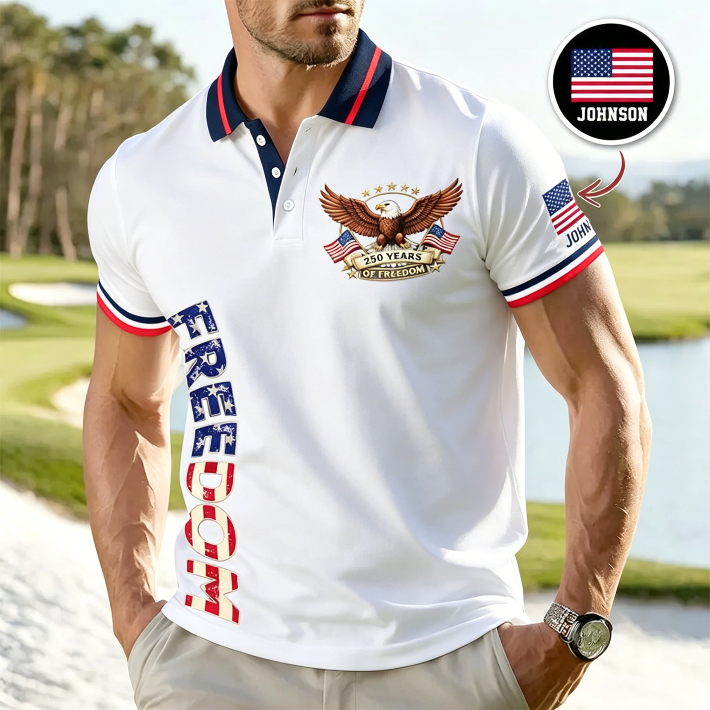 Custom USA 250th Anniversary Freedom Eagle Polo Shirt | Personalized Patriotic Golf Polo