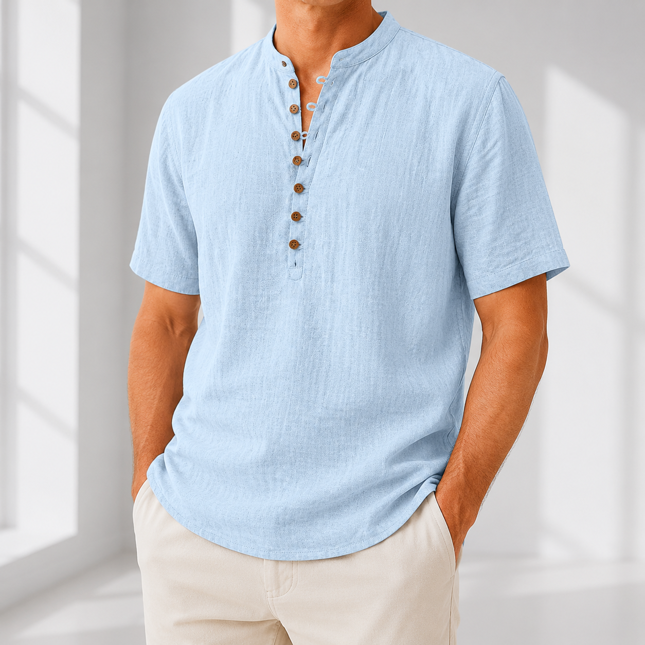 Comfortable Linen Popover Shirt - Sky Blue 4XL