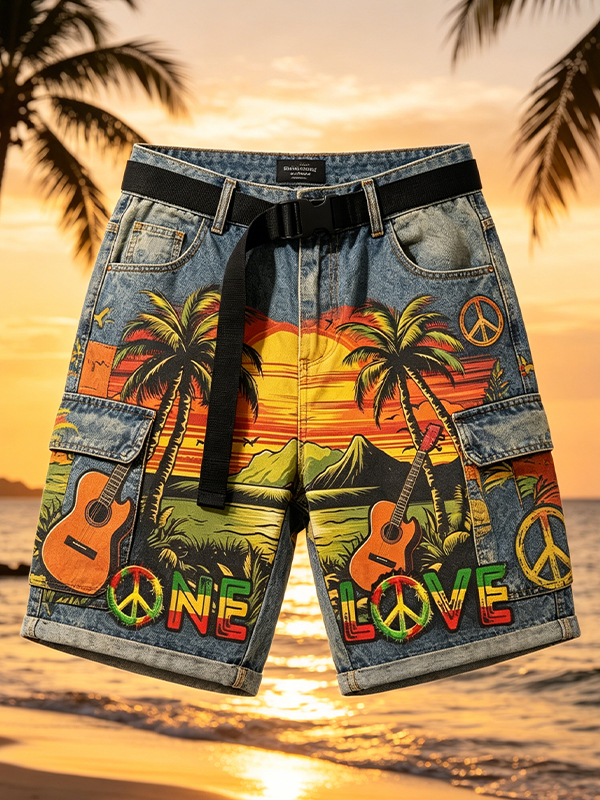 Men's Reggae One Love Tropical Art Print Casual Shorts