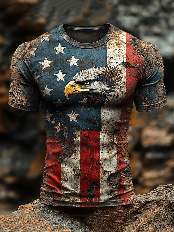 Men's Retro Bald Eagle USA Flag Rust Texture Print T-Shirt