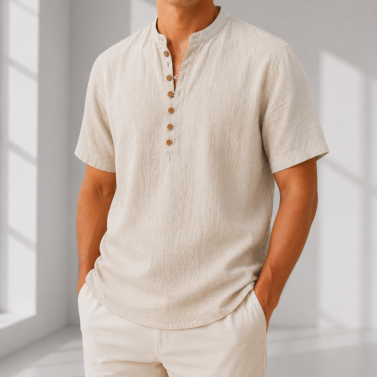 Comfortable Linen Popover Shirt - Khaki S