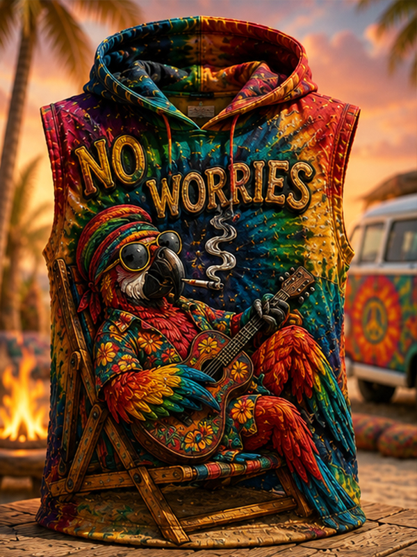 Men's No Worries Parrot Playing Guitar And Reggae Music Art Print Hooded Tank Top