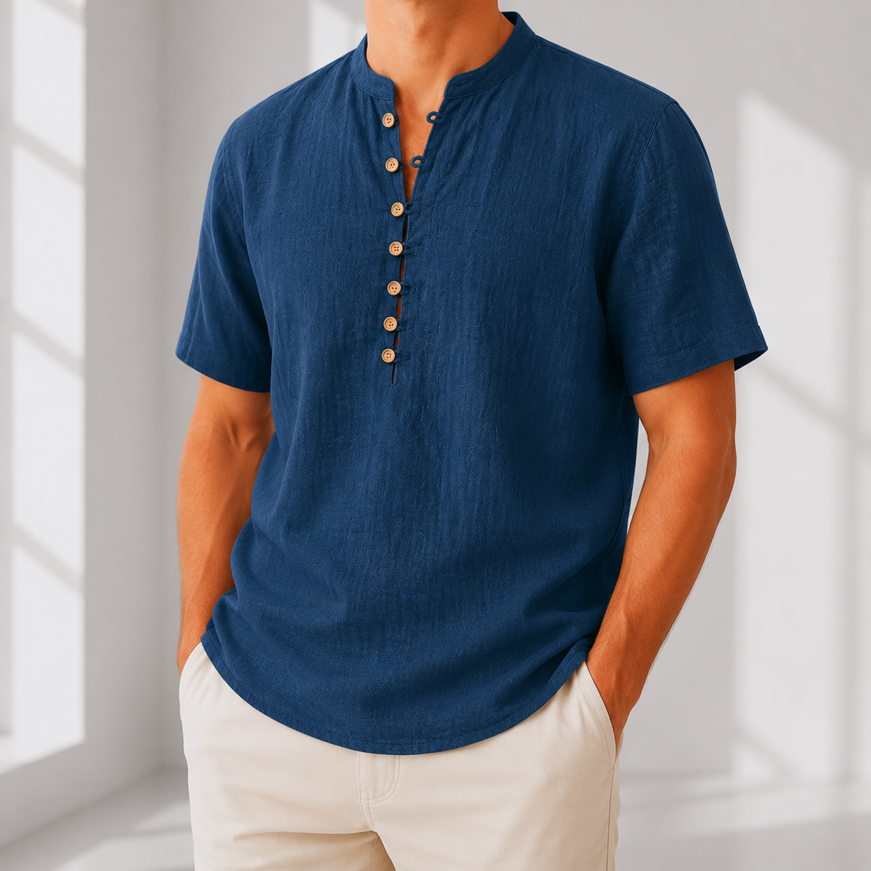 Comfortable Linen Popover Shirt - Navy Blue S