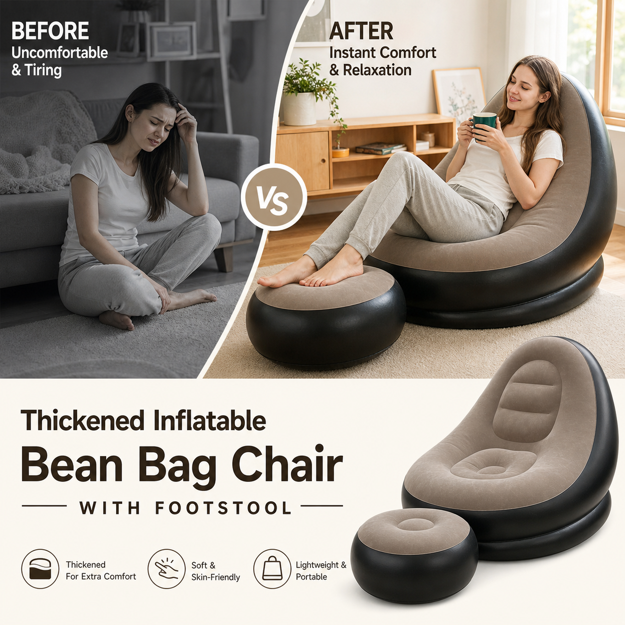 [Thoughtful Gift] Thickened Inflatable Bean Bag Chair For Adults With Footstool