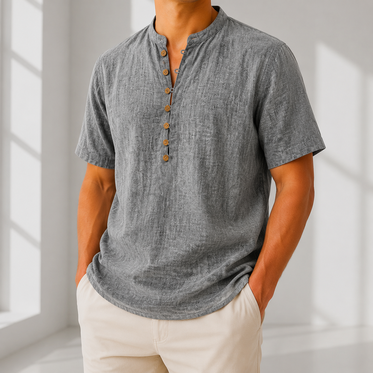 Comfortable Linen Popover Shirt - Gray S