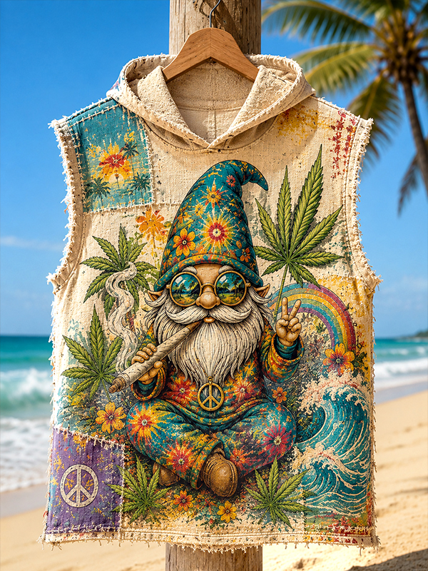 Men's Hippie Gnome Peace Sign Vacation Style Print Hooded Tank Top