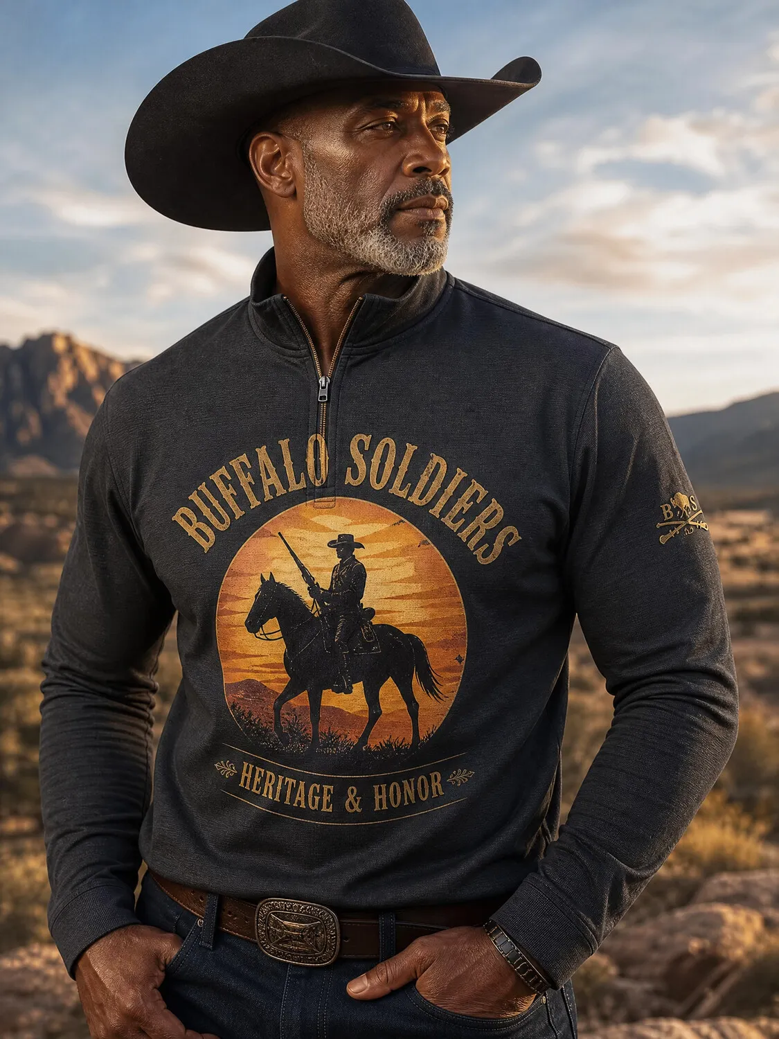 Men's Buffalo Soldiers Heritage and Honor Cowboy Silhouette Print Quarter Zip Sweatshirts
