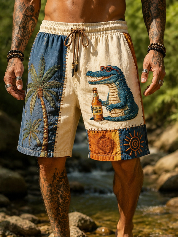 Men's Fun Crocodile Drinking Beer Vacation Print Casual Shorts
