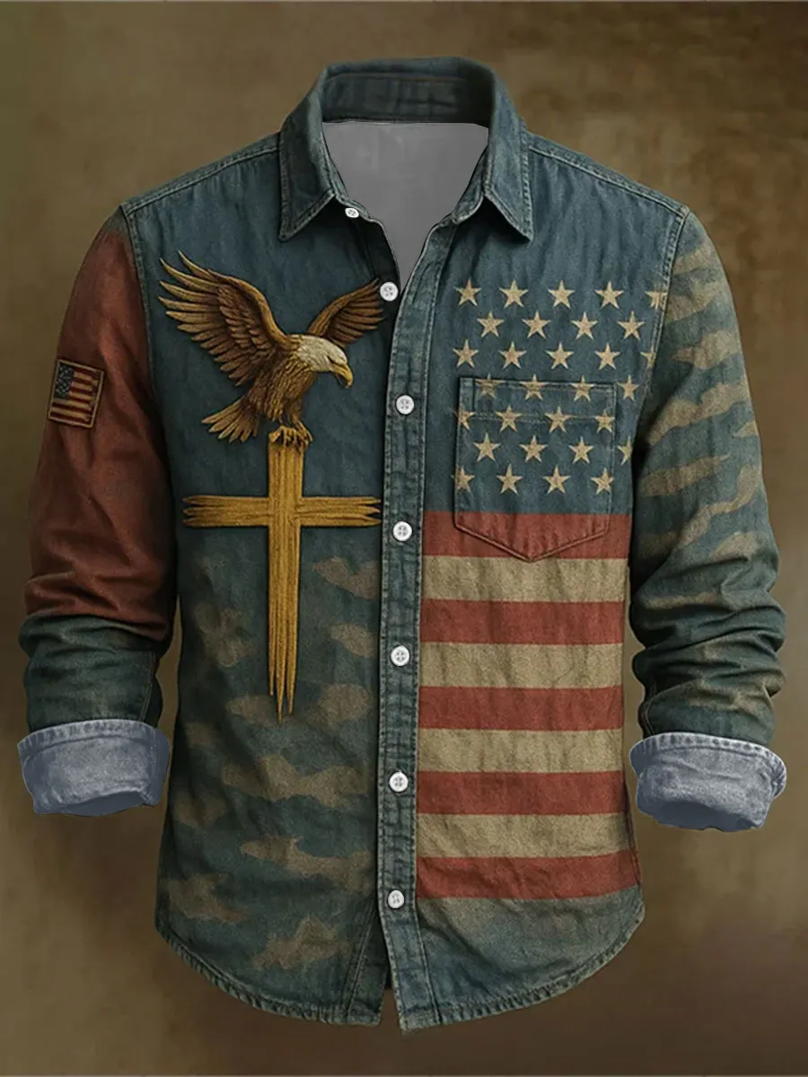 Men's Independence Day Cross Eagle Flag Art Print Long Sleeve Shirt