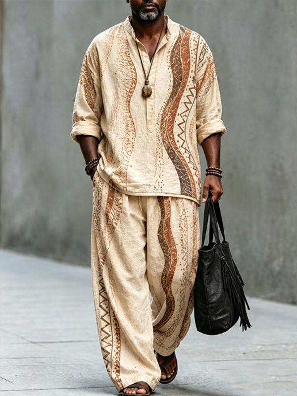 Men's Retro Tribal Geometric Print Half Button Long Sleeve Shirt Pants 2pcs Set