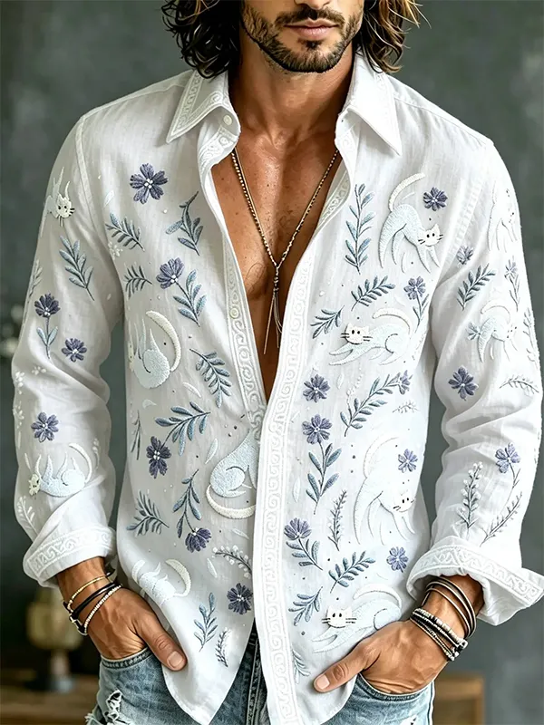 Men's Funny Cats Flowers Print Long Sleeve Shirt