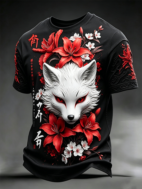 Men's White Fox Red Lily And Japanese Kanji Print T-Shirt