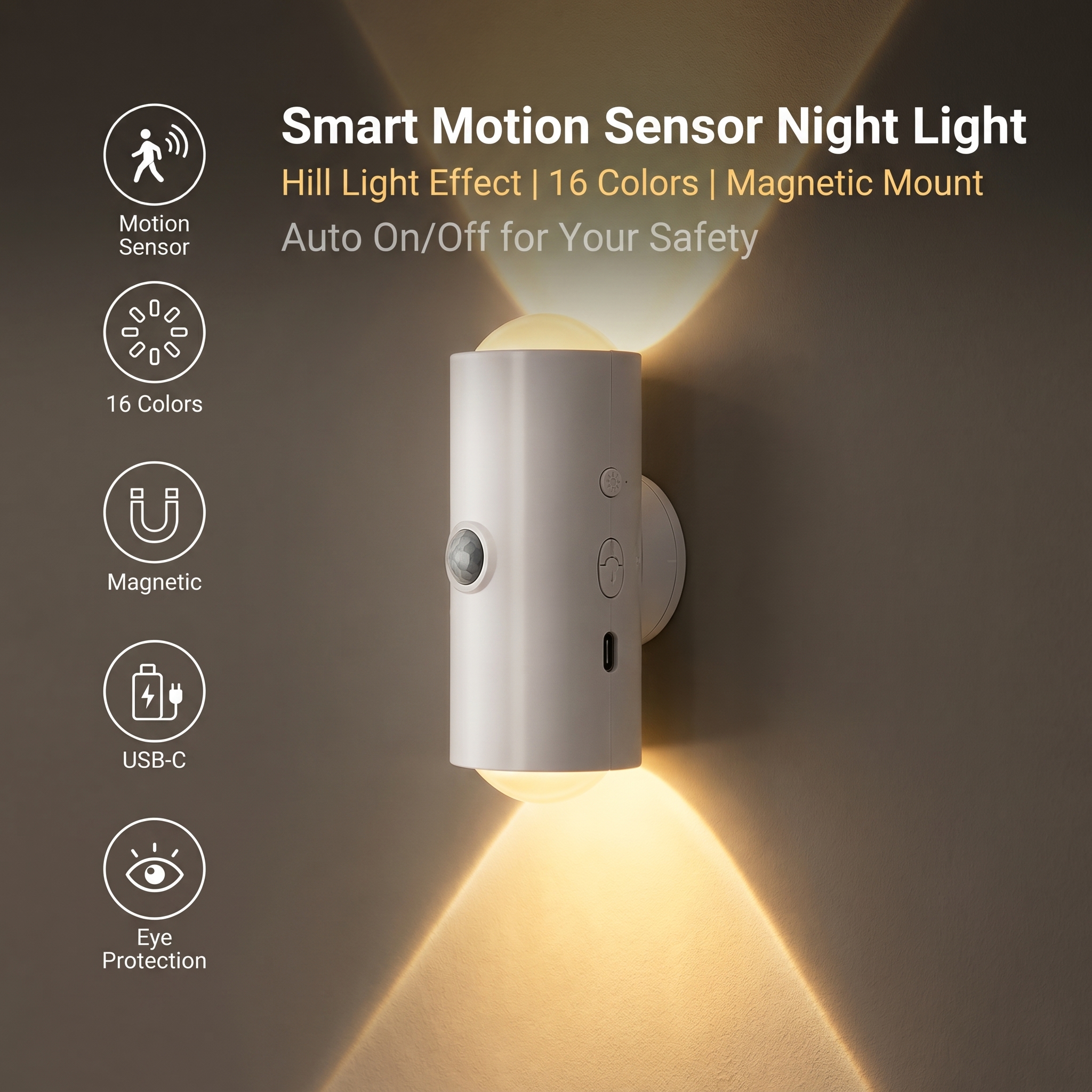 LED Motion Sensor Night Light - Smart Auto-On Cabinet Light with 16 Colors, Rechargeable Magnetic Night Light for Kids Bedroom Kitchen Hallway Stairs, Protects Baby and Family at Night