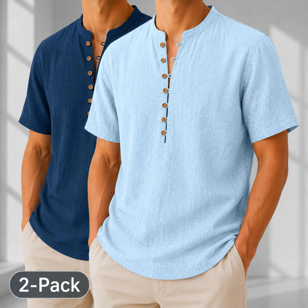 American Flag Cotton Linen Popover Shirts - 2-Pack for 4th of July Celebrations - Various Colors & Sizes - Blue+Navy Blue S