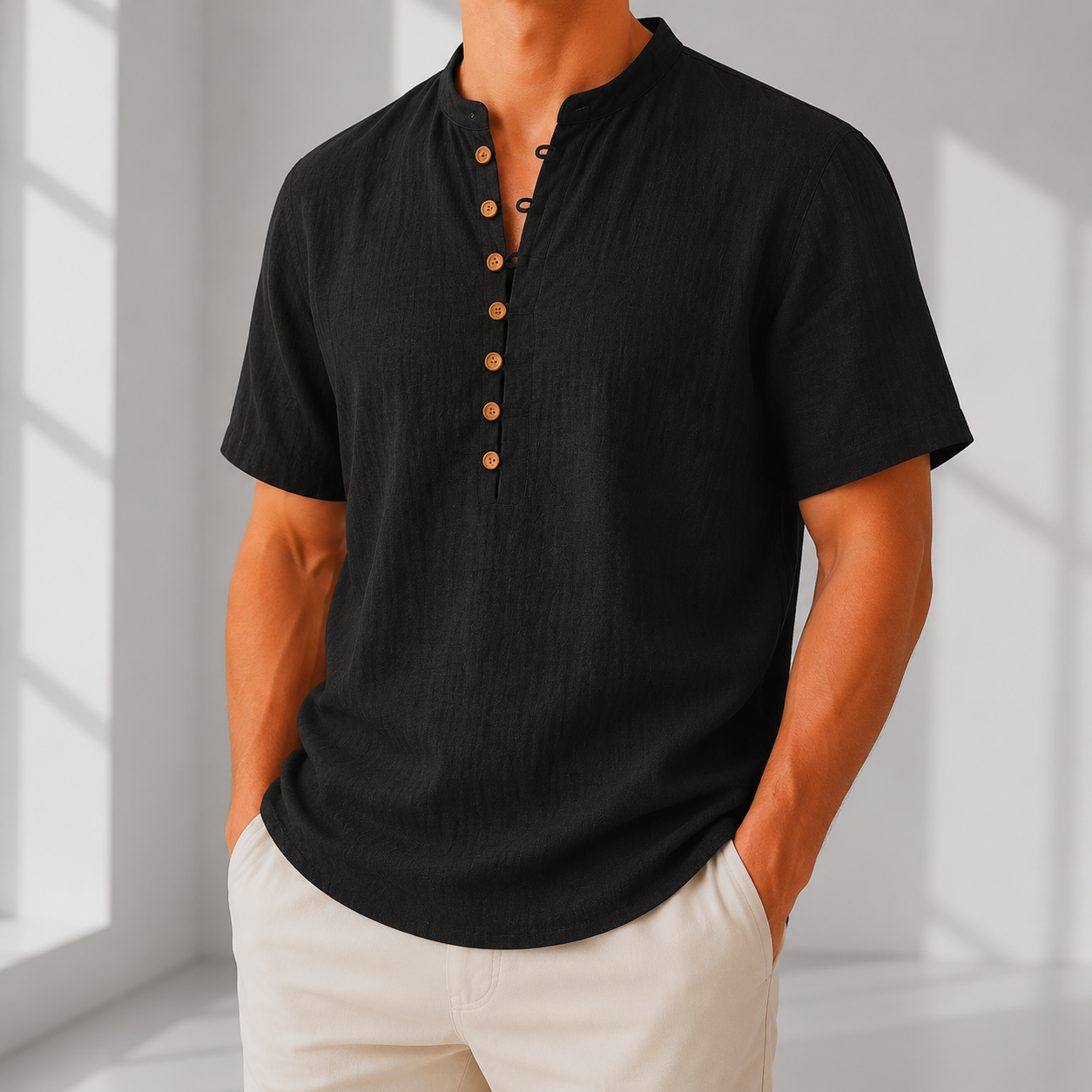 Comfortable Linen Popover Shirt - Black XS