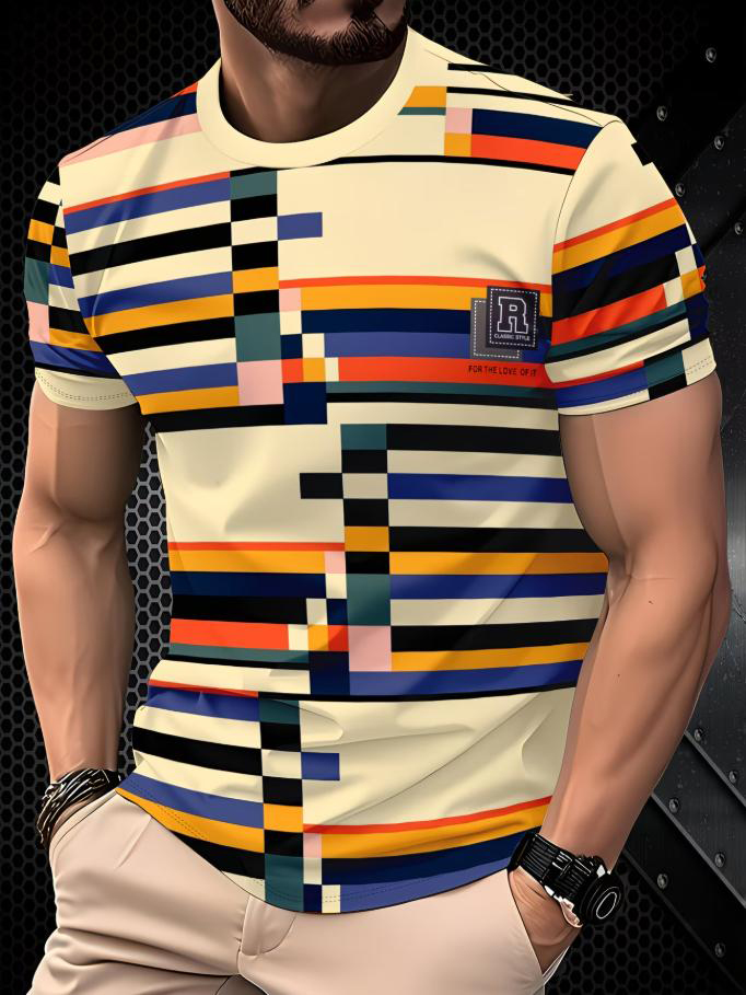 Men's Colorful Striped Printed Casual T-Shirt