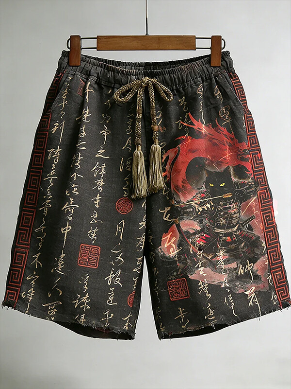 Men's Samurai Cat Japanese Calligraphy Art Print Casual Shorts