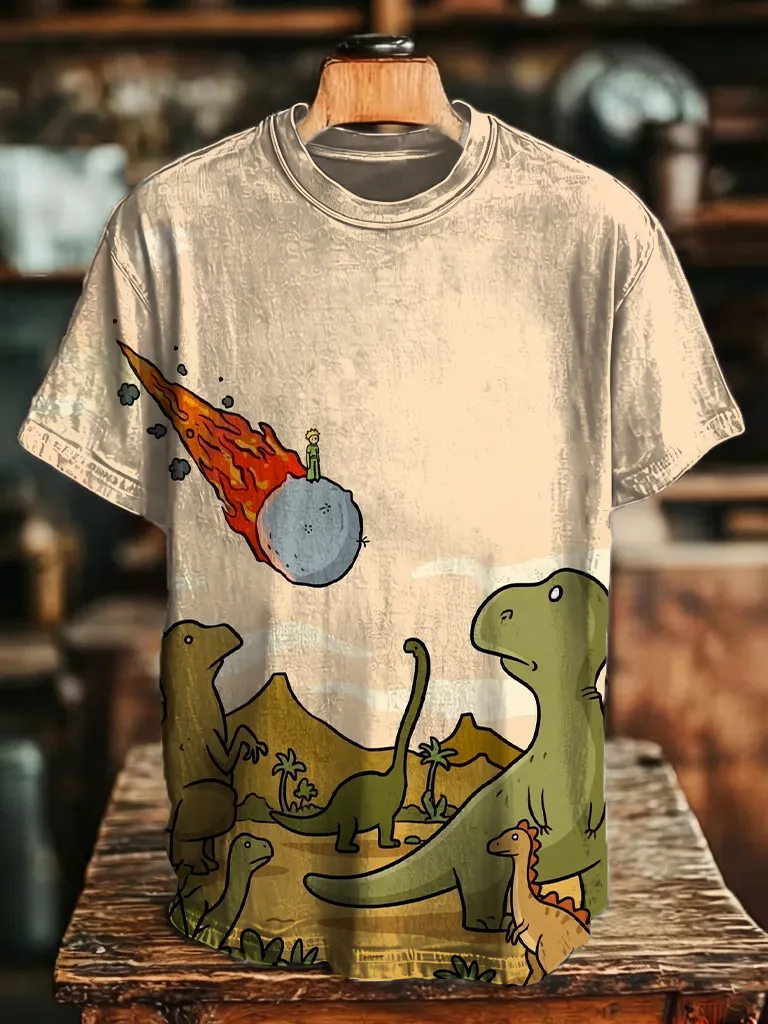 Men's Cartoon Dinosaur Meteor Retro Print T-Shirt